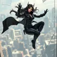 An action-ready Akali, leaping through the air in a black leather combat suit, with a cityscape skyline visible through a shattered glass window behind her.