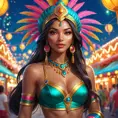 Akali in a vibrant, colorful carnival setting, dressed in a costume that combines elements of her cultural heritage with carnival flair, surrounded by festive lights and decorations.