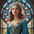 A vision of Seraphine in a grand cathedral, where stained glass windows cast a kaleidoscope of colors upon her, highlighting her serene countenance and the intricate details of her angelic attire, Midjourney