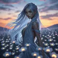 A stunning Irelia, with her hair flowing like liquid silver under a twilight sky, standing amidst a field of luminescent irises that glow with a soft, otherworldly light, emphasizing her ethereal beauty.