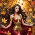 Irelia in a surrealistic scene, surrounded by a whirlwind of autumn leaves, each leaf painted in vivid hues of gold and crimson, her figure almost translucent, blending seamlessly with the natural elements.