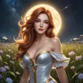 An ethereal Miss Fortune, surrounded by a halo of soft, glowing light, standing amidst a field of wildflowers under a starry night sky, her expressions softened, showcasing a rare moment of tranquility and beauty.