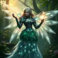 Imagine Kayle in a serene forest glade, her armor transformed into a gown of leaves and flowers, her wings shimmering with bioluminescent light, as she gently touches a glowing butterfly floating by.