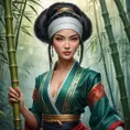 A stunning Akali, rendered in the style of a classic oil painting, with intricate details highlighting her traditional attire and the serene backdrop of a misty bamboo forest.