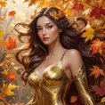 Irelia in a surrealistic scene, surrounded by a whirlwind of autumn leaves, each leaf painted in vivid hues of gold and crimson, her figure almost translucent, blending seamlessly with the natural elements.