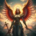 A stunning portrait of Kayle, the archangel of justice, rendered in a hyper-realistic style with intricate details, glowing wings, and a radiant halo, set against a backdrop of a celestial battlefield bathed in golden light.