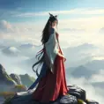 A majestic Ahri, in a detailed, realistic digital art style, wearing a traditional Korean hanbok, standing on a misty mountain peak overlooking a vast, serene landscape, emphasizing her regal and serene presence.