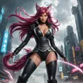 A dynamic Ahri, in a combat-ready black leather outfit, her tails swirling with energy, set against a backdrop of a stormy, cyberpunk city, her pose aggressive yet graceful, embodying her fierce and agile nature.