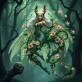 A majestic Morgana, her body composed of interwoven vines and blooming night-blooming flowers, floats above a misty forest floor, her eyes a luminous green, captured in a vibrant, fantasy illustration style.