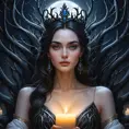 Morgana, depicted as a queen of the night, seated on a throne crafted from twisted black branches, her skin pale as moonlight, eyes glowing with an inner fire, surrounded by a halo of flickering candles,油画风格.