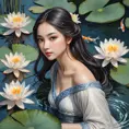 Irelia, depicted in a breathtakingly detailed watercolor painting, her form gracefully poised atop a serene lotus pond, with delicate water lilies and koi fish adding a touch of tranquility to her majestic presence.