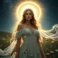 An ethereal Miss Fortune, surrounded by a halo of soft, glowing light, standing amidst a field of wildflowers under a starry night sky, her expressions softened, showcasing a rare moment of tranquility and beauty.