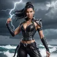 Akali in a high-contrast black leather outfit, posed dramatically against a backdrop of a stormy sea, with lightning illuminating her form.