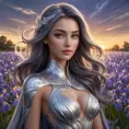 A stunning Irelia, with her hair flowing like liquid silver under a twilight sky, standing amidst a field of luminescent irises that glow with a soft, otherworldly light, emphasizing her ethereal beauty.