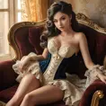 A seductive Ahri, posed languidly on a velvet chaise lounge, dressed in a vintage, lace-detailed corset, her tails curling softly around her, the room bathed in soft, golden light, capturing her timeless beauty.