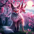 A stunning Ahri, the Nine-Tailed Fox, rendered in a hyper-realistic style with intricate fur details and vibrant, glowing eyes, standing amidst a serene cherry blossom grove under a twilight sky.