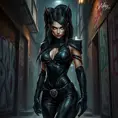 A fierce Akali clad in sleek black leather, standing in a dimly lit urban alley with graffiti-covered walls, her eyes glowing with a mysterious light.