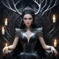 Morgana, depicted as a queen of the night, seated on a throne crafted from twisted black branches, her skin pale as moonlight, eyes glowing with an inner fire, surrounded by a halo of flickering candles,油画风格.