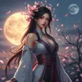 An ethereal Akali, surrounded by a halo of cherry blossom petals, her outfit a blend of traditional and modern styles, set against a twilight sky with a full moon.