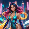 Ahri, captured in a vibrant, comic book style, with dynamic poses and bold colors, set in a bustling, futuristic cityscape at night, her tails illuminated by neon lights, showcasing her energetic and charismatic nature.