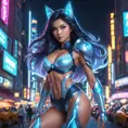 Ahri, styled in a futuristic, holographic outfit, her form dynamically posed against a backdrop of a bustling, neon-lit city at night, her eyes glowing with a captivating, otherworldly light, showcasing her dynamic and alluring persona.