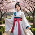 A mesmerizing Ahri, her attire a blend of traditional Korean hanbok and modern elegance, standing in a serene garden of cherry blossoms, the wind gently stirring her garments, enhancing her graceful and alluring presence.