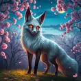 A stunning Ahri, the Nine-Tailed Fox, rendered in a hyper-realistic style with intricate fur details and vibrant, glowing eyes, standing amidst a serene cherry blossom grove under a twilight sky.