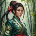 A stunning Akali, rendered in the style of a classic oil painting, with intricate details highlighting her traditional attire and the serene backdrop of a misty bamboo forest.