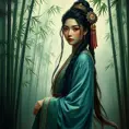 A stunning Akali, rendered in the style of a classic oil painting, with intricate details highlighting her traditional attire and the serene backdrop of a misty bamboo forest.