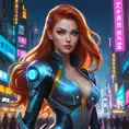 Miss Fortune in a futuristic, cyberpunk cityscape, neon lights reflecting off her cybernetic enhancements, her classic attire fused with high-tech elements, emphasizing her as a symbol of strength and adaptability in a changing world.