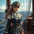 A regal Miss Fortune, dressed in a luxurious, old-world naval captain's attire, standing on the deck of a grand, antique ship, the ocean beneath her calm and serene, highlighting her leadership and maritime prowess.