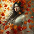 Irelia in a surrealistic scene, surrounded by a whirlwind of autumn leaves, each leaf painted in vivid hues of gold and crimson, her figure almost translucent, blending seamlessly with the natural elements.