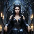 Morgana, depicted as a queen of the night, seated on a throne crafted from twisted black branches, her skin pale as moonlight, eyes glowing with an inner fire, surrounded by a halo of flickering candles,油画风格.