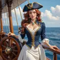 A regal Miss Fortune, dressed in a luxurious, old-world naval captain's attire, standing on the deck of a grand, antique ship, the ocean beneath her calm and serene, highlighting her leadership and maritime prowess.