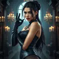 Ahri, styled in a gothic, black leather corset and long gloves, her features sharp and intense, posed in a grand, candlelit hall, the atmosphere both dark and enchanting, showcasing her alluring mystique.