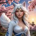 A stunning Ahri, the Nine-Tailed Fox, rendered in a hyper-realistic style with intricate fur details and vibrant, glowing eyes, standing amidst a serene cherry blossom grove under a twilight sky.