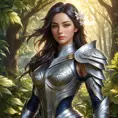 A digital illustration of Irelia, her armor intricately detailed with patterns of leaves and flowers, standing in a sunlit glade, where beams of light pierce through the foliage, highlighting her serene yet powerful stance.