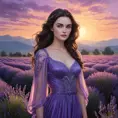 Morgana, the embodiment of twilight, stands in a field of lavender under a sky painted with the hues of dusk, her silhouette softly illuminated by the last rays of the setting sun, portrayed in a soft, dreamy pastel style.