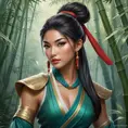 A stunning Akali, rendered in the style of a classic oil painting, with intricate details highlighting her traditional attire and the serene backdrop of a misty bamboo forest.