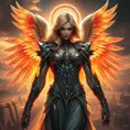 A stunning portrait of Kayle, the archangel of justice, rendered in a hyper-realistic style with intricate details, glowing wings, and a radiant halo, set against a backdrop of a celestial battlefield bathed in golden light.