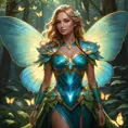 Imagine Kayle in a serene forest glade, her armor transformed into a gown of leaves and flowers, her wings shimmering with bioluminescent light, as she gently touches a glowing butterfly floating by.