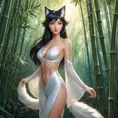 Ahri, portrayed in a classic anime style, with flowing, translucent tails and a gentle, serene expression, standing in a tranquil bamboo forest at dawn, the soft light enhancing her delicate features.