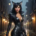 A fierce and alluring Ahri, clad in sleek black leather, her form accentuated by the tight, reflective material, standing under a rain-soaked streetlamp in a dark, urban alley, her eyes glowing with a mysterious light.