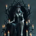 Morgana, depicted as a queen of the night, seated on a throne crafted from twisted black branches, her skin pale as moonlight, eyes glowing with an inner fire, surrounded by a halo of flickering candles,油画风格.