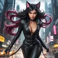 A dynamic Ahri, in a combat-ready black leather outfit, her tails swirling with energy, set against a backdrop of a stormy, cyberpunk city, her pose aggressive yet graceful, embodying her fierce and agile nature.