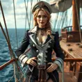 A regal Miss Fortune, dressed in a luxurious, old-world naval captain's attire, standing on the deck of a grand, antique ship, the ocean beneath her calm and serene, highlighting her leadership and maritime prowess.