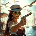 A stunning Miss Fortune, depicted in a vibrant, sunlit harbor scene with billowing sails and seagulls overhead, her pistols gleaming in the sunlight as she eyes her next target, rendered in rich, detailed realism.