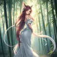 Ahri, portrayed in a classic anime style, with flowing, translucent tails and a gentle, serene expression, standing in a tranquil bamboo forest at dawn, the soft light enhancing her delicate features.