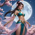 An ethereal Akali, surrounded by a halo of cherry blossom petals, her outfit a blend of traditional and modern styles, set against a twilight sky with a full moon.