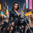 A seductive Akali, her black leather attire accentuating her curves, leaning against a vintage motorcycle under the neon lights of a bustling city night.